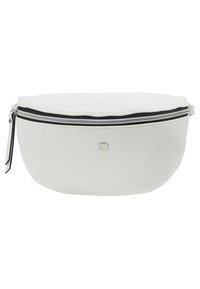 Geantă cosmetică din piele albă, cu o formă rotunjită, fermoar argintiu și accente negre. Are un mic logo pe față. Textură netedă.