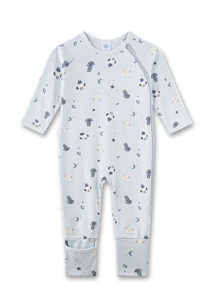 Light blue baby romper with space-themed print including astronauts, moons, stars, and planets, featuring long sleeves and a side zipper.
