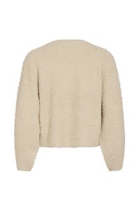 Maglione color crema, morbido e peloso, con una finitura testurizzata, scollatura rotonda e maniche lunghe. Design corto senza chiusure visibili o motivi.