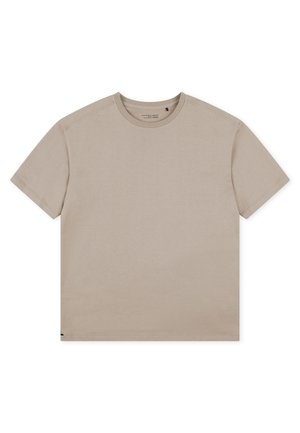 Lichtbeige t-shirt met korte mouwen gemaakt van zachte katoen. Kenmerkt zich door een ronde hals en een ontspannen pasvorm, met minimale stiksels en zonder patronen.