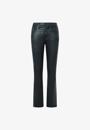 Jeans en denim noir avec une coupe droite, dotés d'un style classique à cinq poches et d'une fermeture à bouton sur le devant. Texture lisse.