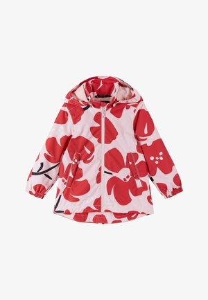 Let og blomstermønstret jakke i rød og pink med hætte, der har elastiske ærmer og en lynlås foran. Inkluderer sidelommer.