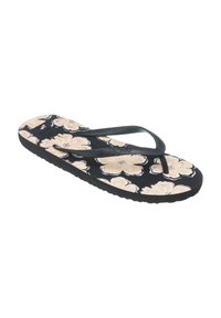 Sort flip-flop med en tekstureret sål med et blomstermønster i beige og creme, suppleret af sorte gummistropper. "BILLABONG" logoet er inkluderet.