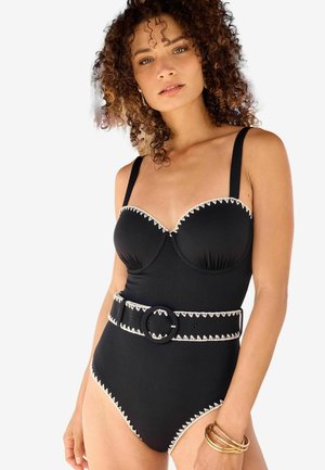 CONTRAST STITCH TEXTURE TUMMY CONTROL BELTED - Costume da bagno - black and white