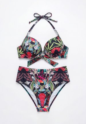 Dwuczęściowy kostium kąpielowy w kwiatu i koralowe wzory z wiązaniem na szyi typu halter oraz przednią kokardą, z motywami żywych tropikalnych liści i muszli na ciemnym tle.