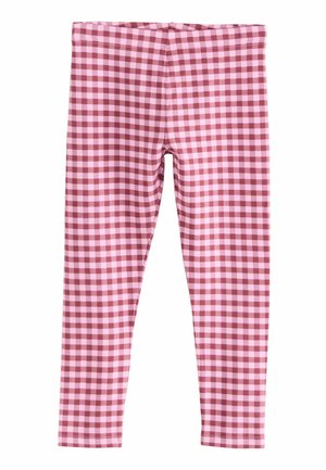 Leggings mit einem rot-rosa Karo-Muster, einem bequemen Bund und einer figurbetonten Passform, vor einem weißen Hintergrund präsentiert.