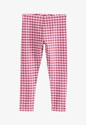 Leggings cu un model de gingham roșu și roz, având o talie confortabilă și un design ajustat, prezentate pe un fundal alb.