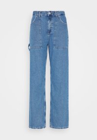 Ljusblå denimjeans med höga midjeband och vida ben, som har stora framfickor och diskreta sömnadsdetaljer.