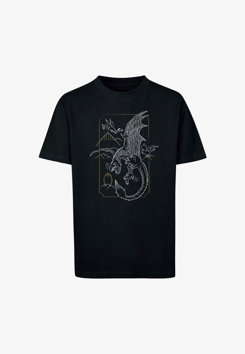 Black cotton t-shirt featuring a detailed white and gold dragon graphic. The design includes mountains and abstract elements.