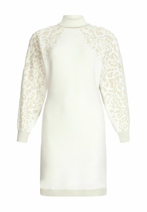 Abito in maglia bianco con colletto alto, maniche beige decorate da un motivo leopardato e polsini e orlo a coste testurizzate.