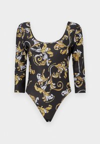 Black bodysuit featuring a floral pattern in gold and white, long sleeves, and a scoop neckline. Made from smooth, stretchy fabric.