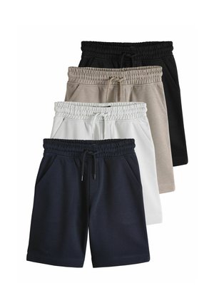 Quatre shorts à taille élastique en noir, beige, blanc et marine, empilés les uns derrière les autres, avec les poches avant visibles.