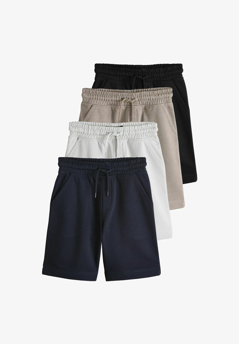 Cztery pary szortów z elastycznym pasem w kolorach czarnym, beżowym, białym i granatowym, ułożone jedna za drugą, widoczne przednie kieszenie.