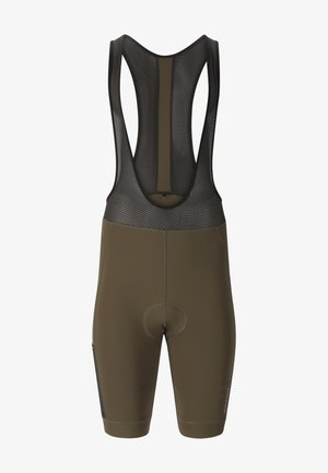 Oliivinvihreät pyöräilyhousut, joissa on mustat verkkomainen niskahihnat ja pehmustettu istuinalue, suunniteltu mukavuutta ja hengittävyyttä varten.