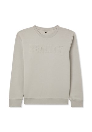 Felpa grigia chiara realizzata in morbido cotone misto, con colletto a girocollo a coste e testo in rilievo "REALITY" sul davanti. Maniche lunghe.
