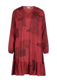 Rotes, gemustertes Kleid mit langen Ärmeln, V-Ausschnitt und gerafftem Saum. Es weist schwarze geometrische und gepunktete Muster auf einem glatten Stoff auf.