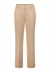 Pantalon beige à rayures fines, fabriqué en tissu lisse. Coupe ajustée avec jambe droite et taille standard.