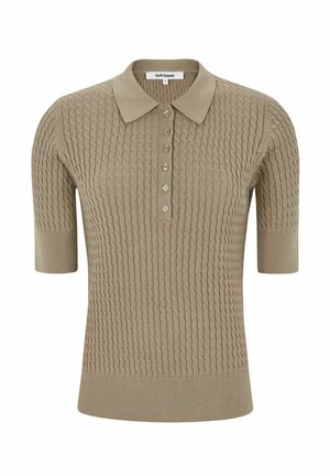 Beżowa dzianinowa koszulka polo z krótkimi rękawami, ozdobiona fakturowanym wzorem, z patką na trzy guziki i klasycznym kołnierzykiem.