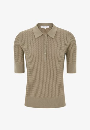 Beżowa dzianinowa koszulka polo z krótkimi rękawami, ozdobiona fakturowanym wzorem, z patką na trzy guziki i klasycznym kołnierzykiem.