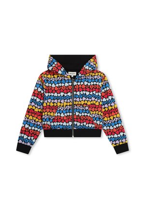Haut à zip coloré avec un motif de cœur rouge, bleu, jaune et violet sur un fond noir. Comprend une capuche et des poches avant.