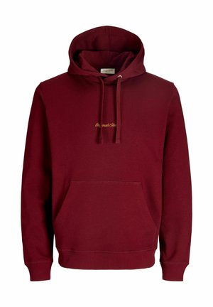 Felpa bordeaux in cotone, con tasca a marsupio frontale, cappuccio con cordino e testo ricamato in oro sul petto.