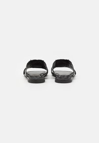 Svarta platta sandaler med öppen design, med vävda remmar och en slät texturerad sula. Baksidan visar en minimalistisk siluett.
