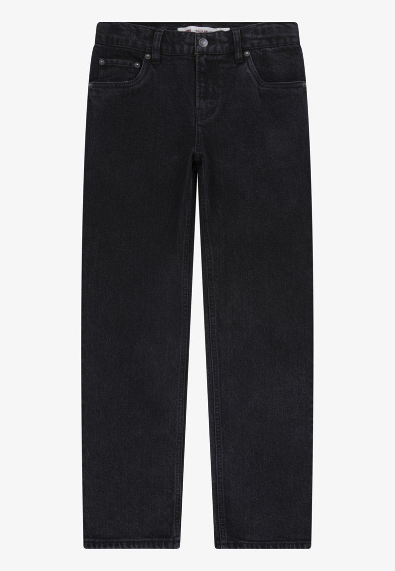 Jeans de mezclilla negra con un diseño de corte recto, que cuentan con un estilo clásico de cinco bolsillos, botón metálico y una textura sutil.