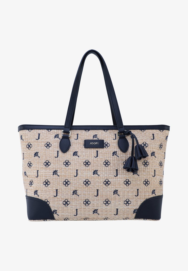 Sac fourre-tout tissé beige avec motif floral bleu marine et motif "J", anses bleu marine, renforts aux coins, détails à pompons et écusson central avec logo JOOP!.