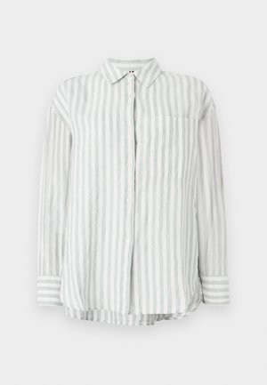 Hosszú ujjú, könnyű ing tompa szürke és fehér csíkos mintával, gombos elülső résszel és mellzsebbel. Puha, légies anyag.