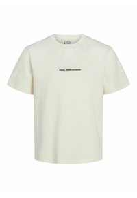 Cremefarbiges T-Shirt mit kurzen Ärmeln aus Baumwolle, mit einem runden Ausschnitt und schwarzem Text "ROYAL DENIM DIVISION" auf der Brust.