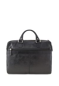 Maletín de cuero negro con doble asa, bolsillo frontal con cremallera, textura suave, forma plana y un sutil detalle de costura.