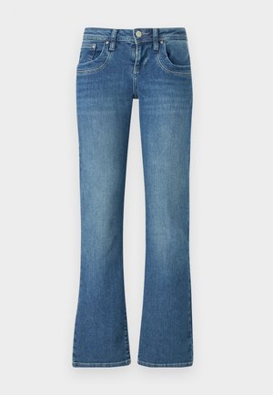 Helle blaue Schlagjeans aus Denim, mit fünf Taschen, kontrastierenden Nähten und einem Knopfverschluss an der Taille.