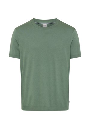Effen T-shirt met korte mouwen en ronde hals in gedempte groene kleur, gemaakt van zachte stof, met een klein merklabel aan de zijnnaad.