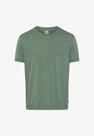 Plain short-sleeve crew neck t-shirt in muted green, made of soft fabric, with a small brand tag on the side seam.