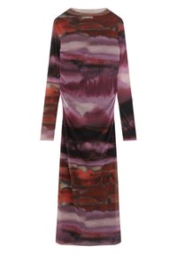 Robe midi à manches longues avec motif abstrait d'ondes horizontales dans des nuances de rouge, violet, noir et blanc sur tissu ajusté.