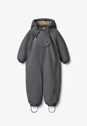 Dunkelgrauer gesteppter Babyschneeanzug mit Kapuze, Frontreißverschluss, Brusttaschenklappe, elastischen Bündchen und blauen Fußriemen.