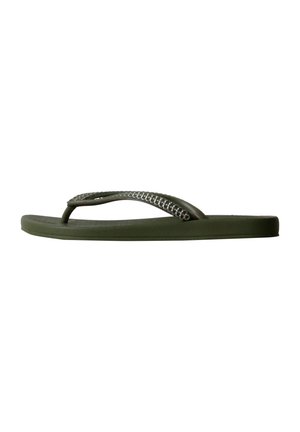 Une sandale tongs vert foncé avec une bride tressée texturée et une semelle rembourrée, vue de côté sur fond blanc.