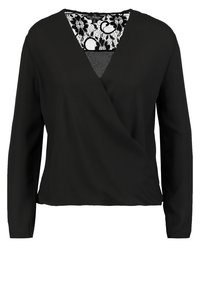 Blouse noire à manches longues avec devant croisé et insert en dentelle florale au décolleté en V.