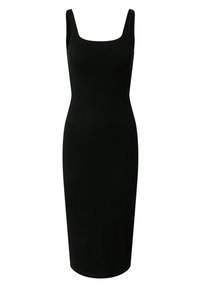 Svart ribbad midikjol med fyrkantig halsringning och breda axelband, med en figurnära silhuett och slät yta genom hela plagget.