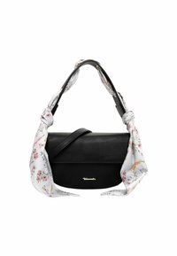 Black leather handbag with a curved shape, featuring a white floral patterned scarf tied to the strap and a gold logo accent.