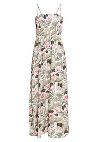 Robe longue à bretelles spaghetti en tissu léger, présentant un motif floral avec des feuilles roses et vertes sur un fond neutre.
