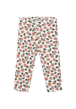 Leggings con base bianca, caratterizzati da un motivo floreale di fiori arancioni e rosa con foglie verdi. Tessuto elasticizzato, vestibilità aderente.