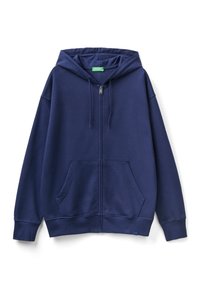 Tmavě modrá mikina s kapucí na zip vyrobená z měkké látky, která má prostornou kapuci, klokanní kapsy a ribované manžety a lem.