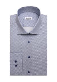 Chemise habillée homme pliée avec un petit motif géométrique bleu marine et des boutons bleu foncé sur le devant et aux poignets.