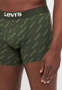 Gröna boxershorts med ett upprepande "Levi's"-logo i en ljusare nyans. Mjukt tyg, elastisk midjeband med svart branding. Tätt sittande design.