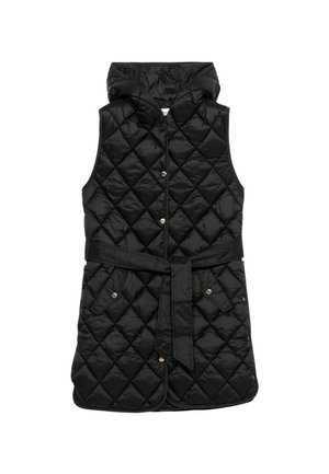 Gilet noir matelassé avec capuche, doté d'une taille ceinturée, d'une fermeture à boutons-pression et de deux poches avant. Fabriqué en matériau brillant et lisse.
