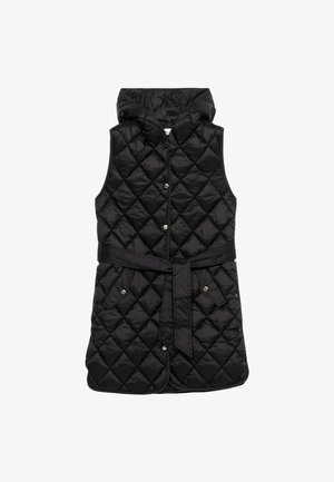 Gilet noir matelassé avec capuche, doté d'une taille ceinturée, d'une fermeture à boutons-pression et de deux poches avant. Fabriqué en matériau brillant et lisse.
