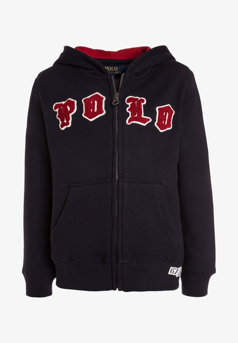 Granatowy hoodie na zamek z czerwonym polarem wewnątrz, ozdobiony haftowanym napisem "Polo" w białym i czerwonym kolorze, posiada boki kieszeni, ściągacze przy rękawach i u dołu.
