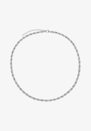 Collana in argento con anelli ovali intrecciati e un gancio con catena regolabile per personalizzare la lunghezza.