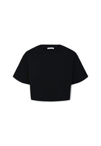 T-shirt cropped nero con scollatura a girocollo, maniche corte e vestibilità ampia. Il materiale sembra liscio senza modelli o accenti visibili.